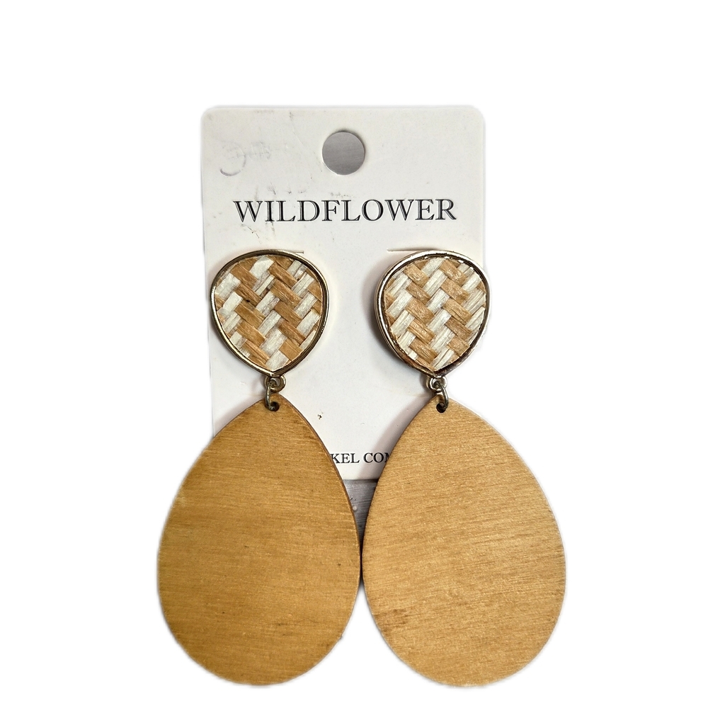 Wildflowers Boho Tan Woven & Wood Teardrop Earrings